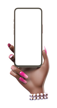 Right hand of black african american woman with pearl bracelet jewelry showing mobile phone with blank screen. Phone mockup Isolated on transparent background. 3D render