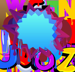 Blue Speech Bubble Graffiti with purple elements on abstract Background. Urban painting style backdrop. Busy discussion symbol in modern dirty street art decoration.