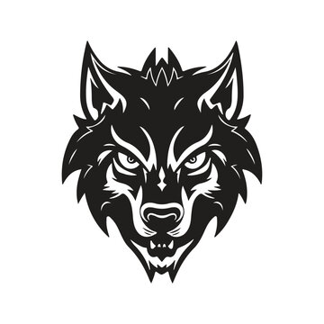 wolf mascot, vintage logo line art concept black and white color, hand drawn illustration