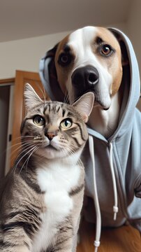 dog with cat taking a selfie together. Generative Ai.