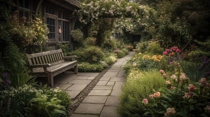 Obraz premium Serene Pathways: A Peaceful Journey through a Colorful Garden 3. Generative AI