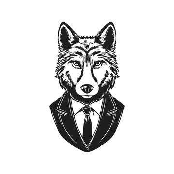 wolf businessman, vintage logo line art concept black and white color, hand drawn illustration
