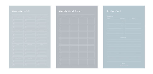 (Ocean) 3 set of Recipe Card, Meal planner, groceries list planner. Plan you food day easily. Vector illustration.