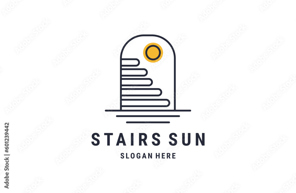 Wall mural line art sun logo vector design with stairs icon symbol illustration design