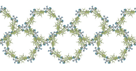 Fototapeta premium Seamless rim with circle watercolor forget me not on white background. Spring and summer flower for frame. Hand-drawn border with copy space for invite. Vintage romantic poster for wedding wrapping