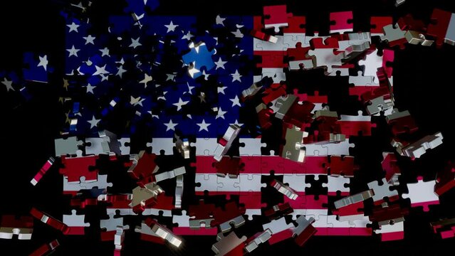 US America flag, jigsaw puzzle complete animation.