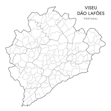 Vector Map of Viseu D&atilde;o-Laf&otilde;es Subregion (Comunidade Intermunicipal) with administrative borders of Districts, Municipalities (Concelhos) and Civil Parishes (Freguesias) as of 2023 - Portugal