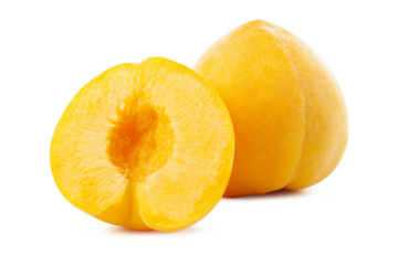 half and whole of golden juicy peach isolated on white background.