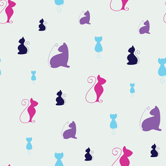 seamless repeat pattern with simple and cute pink, purple, blue and navy blue silhouette cat motifs on a light blue background perfect for fabric, scrap booking, wallpaper, gift wrap projects