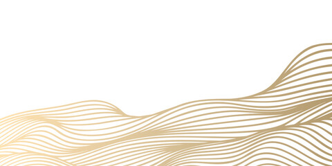Vector abstract line art wavy flowing dynamic gold isolated on transparent background in concept luxury, wave, wind, ocean - obrazy, fototapety, plakaty