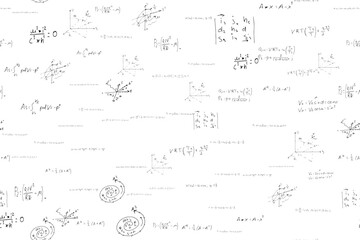 mathematical, physical, algebraic formulas and expressions. The scientific, vector background is hand-drawn on a white board.
