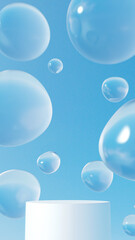 丸い水滴が複数ある空間。白い円柱の台座。（縦長）