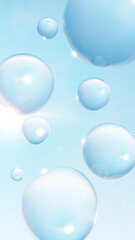 青い空に複数の丸い水滴。太陽の光が差し込む背景素材。レンズフレアあり。（縦長）