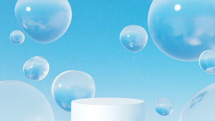 丸い水滴が複数ある空間。白い円柱の台座。（横長）