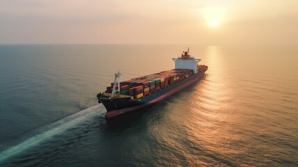 Fototapeta premium Aerial top view of cargo maritime ship with contrail in the ocean ship carrying container and running for export concept technology freight shipping by ship forwarder mast. Generative Ai.
