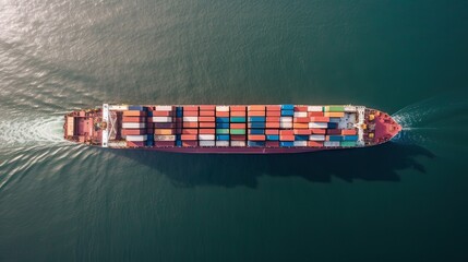 Aerial top view of cargo maritime ship with contrail in the ocean ship carrying container and running for export concept technology freight shipping by ship forwarder mast. Generative Ai.