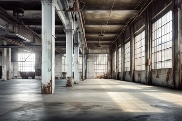 外からの光が入る古びた倉庫、中は何もない倉庫、ジェネレーティブ、AI