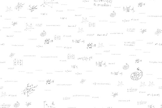 mathematical, physical, algebraic formulas and expressions. The scientific, vector background is hand-drawn on a white board.