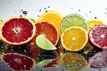 Closeup of fresh juicy orange slices splashes inside clear water. Generative AI.