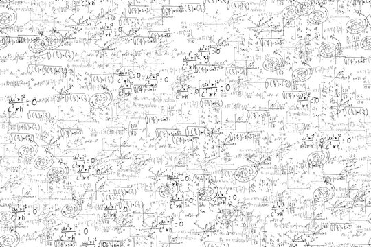 mathematical, physical, algebraic formulas and expressions. The scientific, vector background is hand-drawn on a white board.