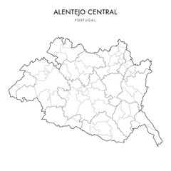Obraz premium Vector Map of Central Alentejo Subregion (Comunidade Intermunicipal do Alentejo Central) with borders of District, Municipalities (Concelhos) and Civil Parishes (Freguesias) as of 2023 - Portugal