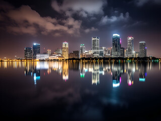 Naklejka premium A city skyline with a reflection on the water.