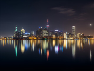 A city skyline with a reflection on the water.
