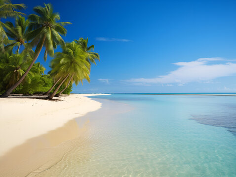 Beach with beautiful blue water and palm trees.