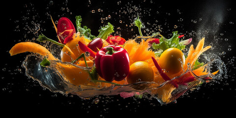 Fototapeta na wymiar Flying fruits and vegetables splashes in to clear water on dark background. Fresh healthy food concept. Generative AI.