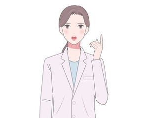 指差しポーズの白衣の女性のイラスト　医師　薬剤師