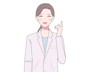 指差しポーズの白衣の女性のイラスト　医師　薬剤師