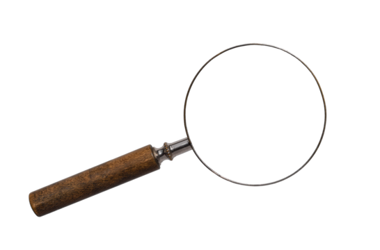 Old antique magnifying glass isolated cutout on transparent