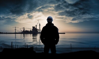 Construction concept. at back of the construction worker head which is wearing the safety helmet and checking work at the construction site. Non-existent person. Generative Ai