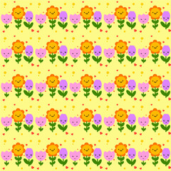 Fototapeta premium Cute Flower doodles drawing on yellow background beautiful seamless pattern. For printing, fabric, textile, manufacturing, wallpapers. 