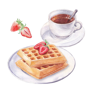 Watercolor waffles with strawberry and cup of tea. Breakfast illustration