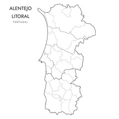 Vector Map of Littoral Alentejo Subregion (Comunidade Intermunicipal do Alentejo Litoral) with borders of Districts, Municipalities (Concelhos) and Civil Parishes (Freguesias) as of 2023 - Portugal