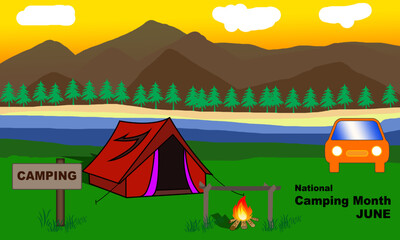 outdoor activities red camping tent on grass field and bonfire or campfire and parked car against beautiful mountain and beach background with sunset view commemorating National Camping Month on June
