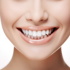 Obraz premium Close up cropped half face portrait of attractive, nude, natural, perfect, ideal girl with healthy white teeth isolated on beige background, perfection, wellness, wellbeing. Generative Ai.