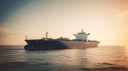 Aerial drone photo of large Liquefied Petroleum Gas tanker or LPG anchored in deep blue ocean sea. Generative Ai.