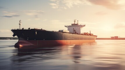 Aerial drone photo of large Liquefied Petroleum Gas tanker or LPG anchored in deep blue ocean sea. Generative Ai.