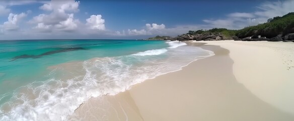 tropical paradise beach with white sand and coco palms travel tourism wide panorama background concept. Generative Ai.
