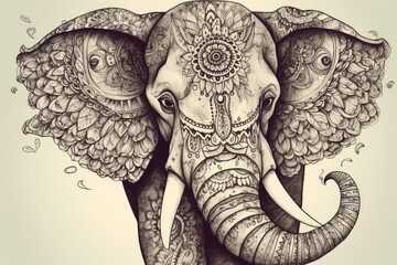 Decorated Indian elephant. Beautiful Elephant in tattoos and drawings, generative AI