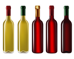 red and green bottles,  Set of wine bottles isolated on white background 