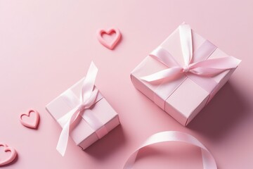 Two pink gift boxes on pale pink background with ribbon with white heart shape