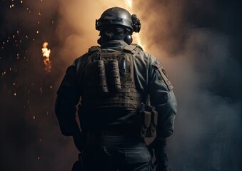 Fototapeta premium 4th of July concep. portrait of A soldier in front of a flag of the USA. The soldier with the gun in front of a flag. portrait soldie standing in front of usa flag. Non-existent person. Generative Ai