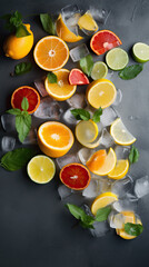 Juicy citrus in ice cubes background. Lemon, lime, orange, tangerine, grapefruit. Generative AI