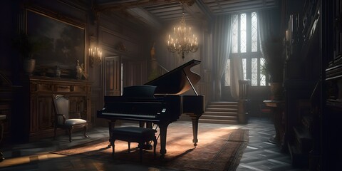 a grand piano in a dark room with a chandelier