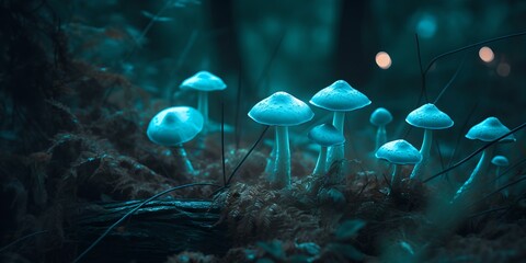 Fototapeta na wymiar a group of blue mushrooms sitting on top of a forest floor