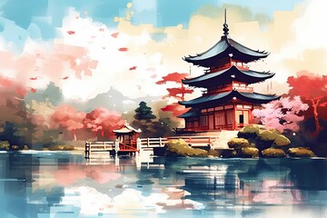 Fototapeta premium japanese landscape in watercolor with a fairy garden, ink landscape painting created digitally Generative AI