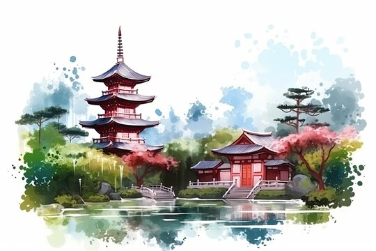 japanese landscape in watercolor with a fairy garden, ink landscape painting created digitally Generative AI